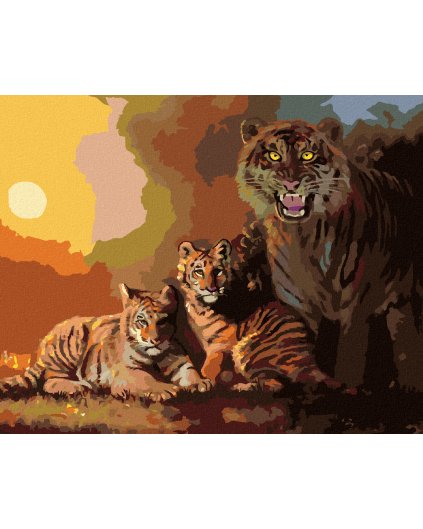 Diamantové maľovanie - TIGER S MLÁĎATAMI A ZÁPAD SLNKA (D. RUSTY RUST)