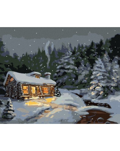 Diamantové maľovanie - ZASNEŽENÝ ZRUB V NOCI (D. RUSTY RUST)