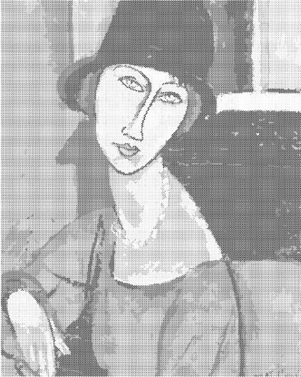 Bodkovanie - JEANNE HÉBUTERNE S KLOBÚKOM A NÁHRDELNÍKOM (AMEDEO MODIGLIANI)