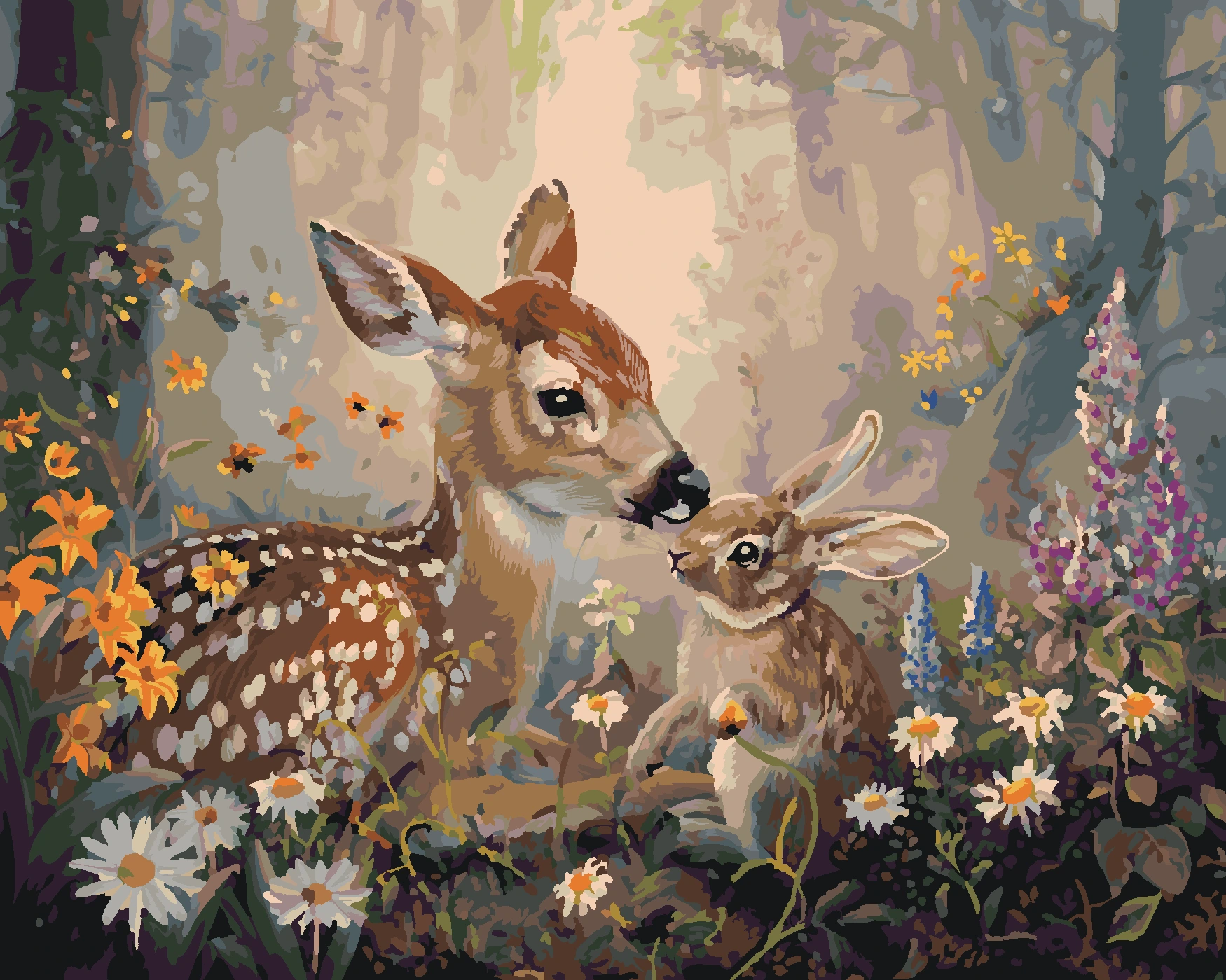 Maľovanie podľa čísel - SRNEC A KRÁLIK V KVETOCH Rámovanie: vypnuté plátno na rám, Rozmer: 40x50 cm.