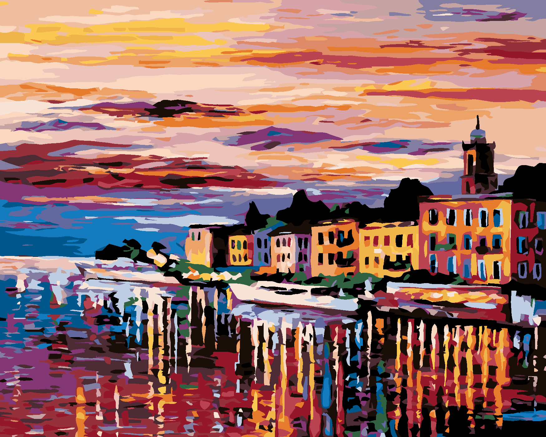 Maľovanie podľa čísel - MESTO PRI RIEKE Rámovanie: bez rámu a bez vypnutia plátna, Rozmer: 80x100 cm.