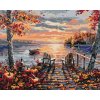 Maľovanie podľa čísel - POSEDENIE NA MÓLE, ČLN, JESENNÉ STROMY A ZÁPAD SLNKA