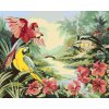 Maľovanie podľa čísel - PAPAGÁJ ARA A KVETY VEDĽA RIEKY A CHATY (D. RUSTY RUST)