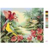 Maľovanie podľa čísel - PAPAGÁJ ARA A KVETY VEDĽA RIEKY A CHATY (D. RUSTY RUST)