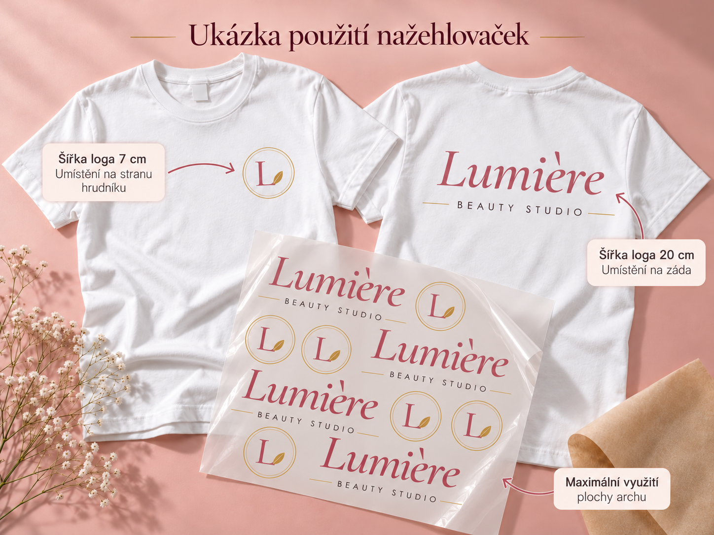 Doporučená velikost loga na tričko – 7 cm na hrudník, 20 cm na záda, a DTF arch s logy salonu