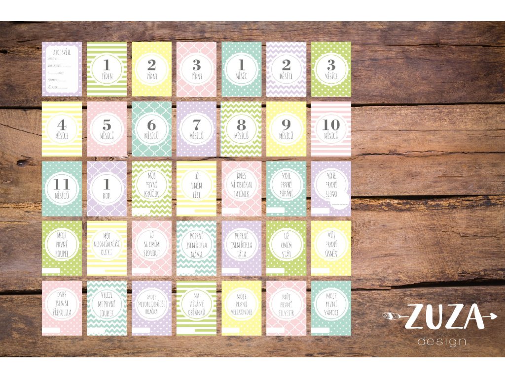 Zuzadesign Milníkové kartičky barevné PRO MIMINKO - 35ks (HOLČIČKA) Dárková krabička: Milníkové kartičky bez dárkové krabičky