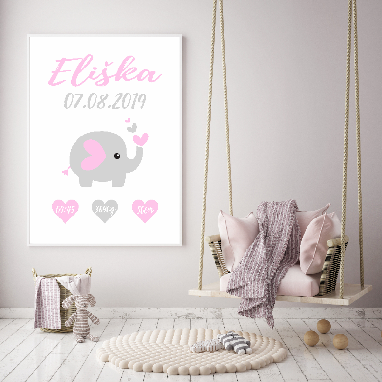 Zuzadesign Plakát - Dětský s údaji o narození - slon holčička Velikost a provedení: S (A4 21x29,7cm) bez rámečku