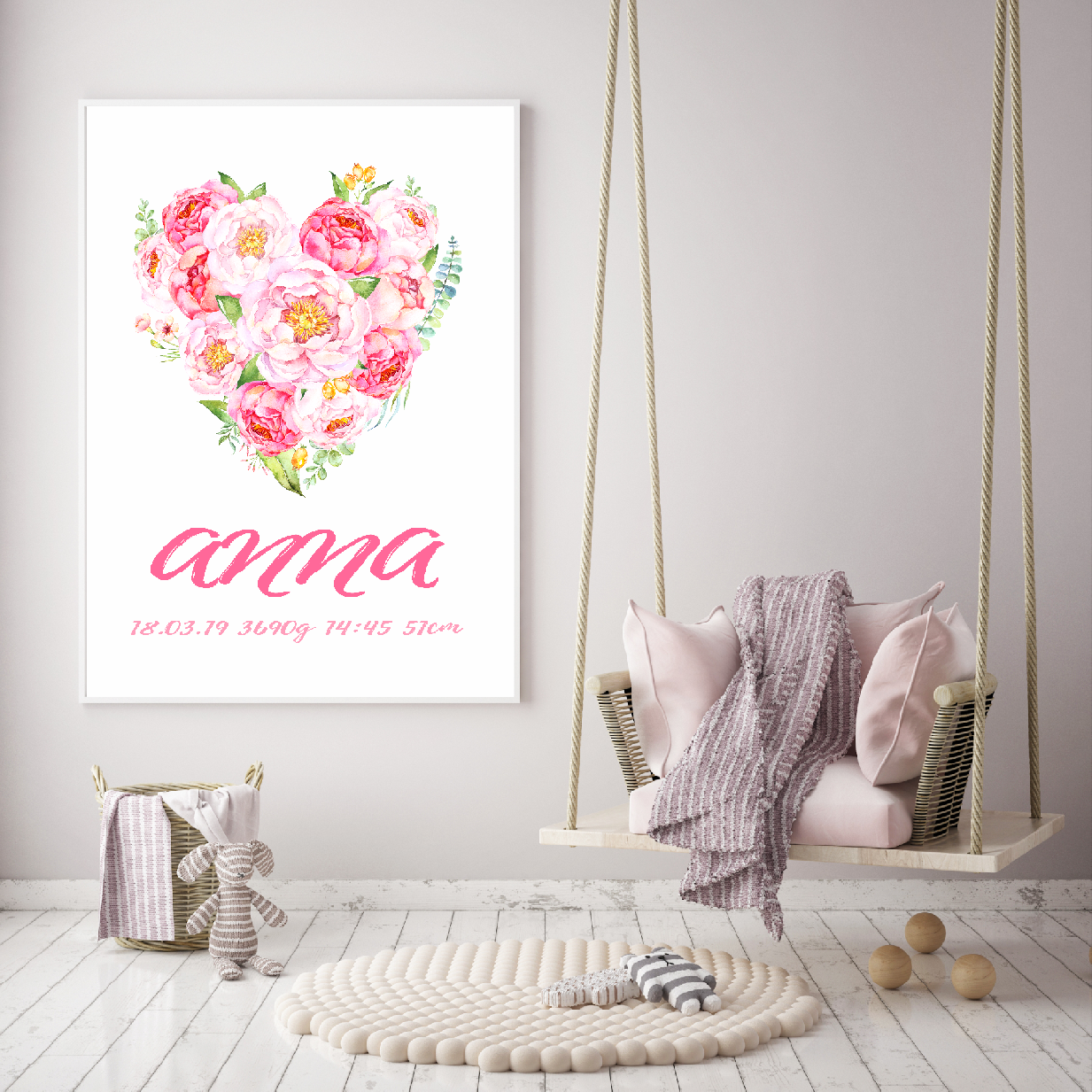 Zuzadesign Plakát - Dětský s údaji o narození - heart Velikost a provedení: S (A4 21x29,7cm) s rámečkem