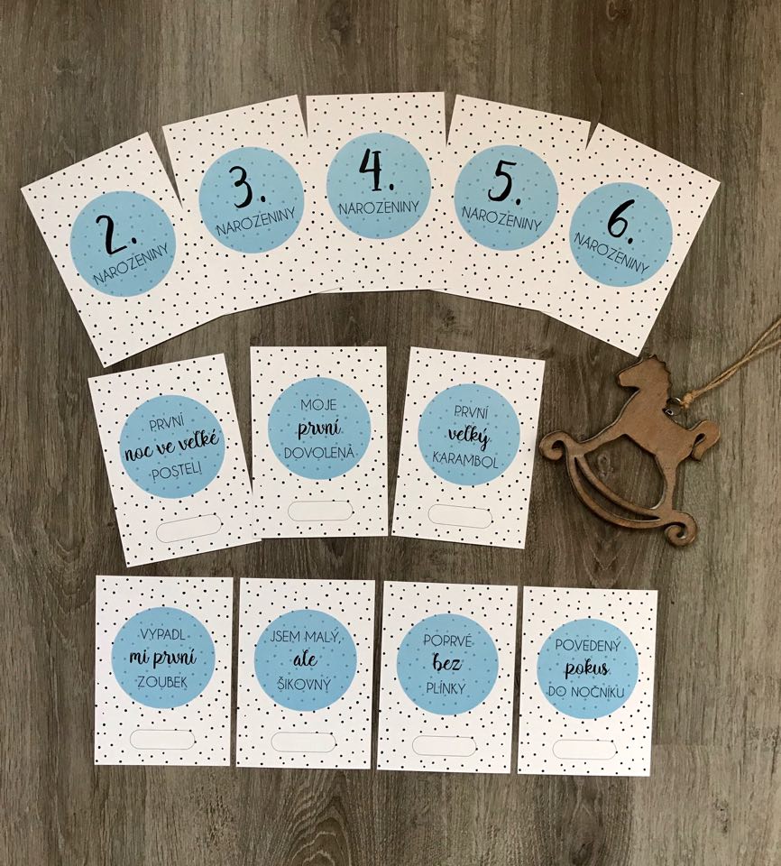 Zuzadesign POKRAČOVACÍ Milníkové kartičky polka dot modré 35 ks (CHLAPEČEK) Dárková krabička: Milníkové kartičky bez dárkové krabičky