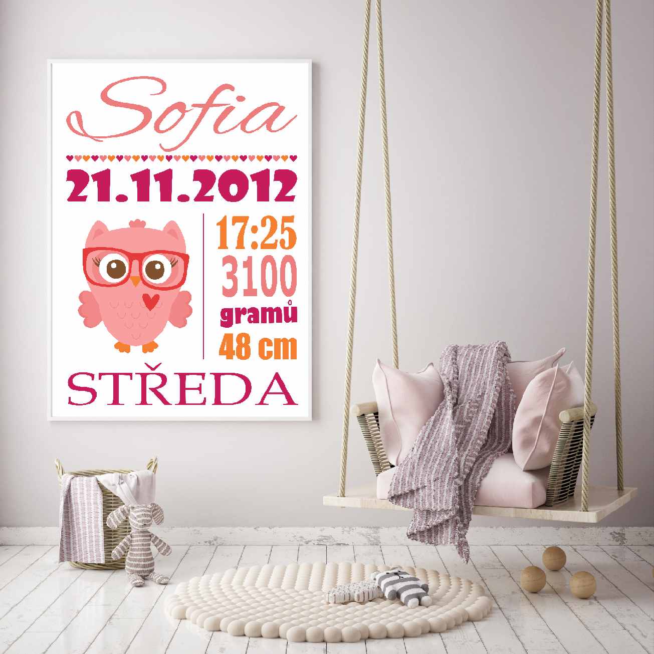 Zuzadesign Plakát - Dětský s údaji o narození - sovička holka Velikost a provedení: S (A4 21x29,7cm) bez rámečku