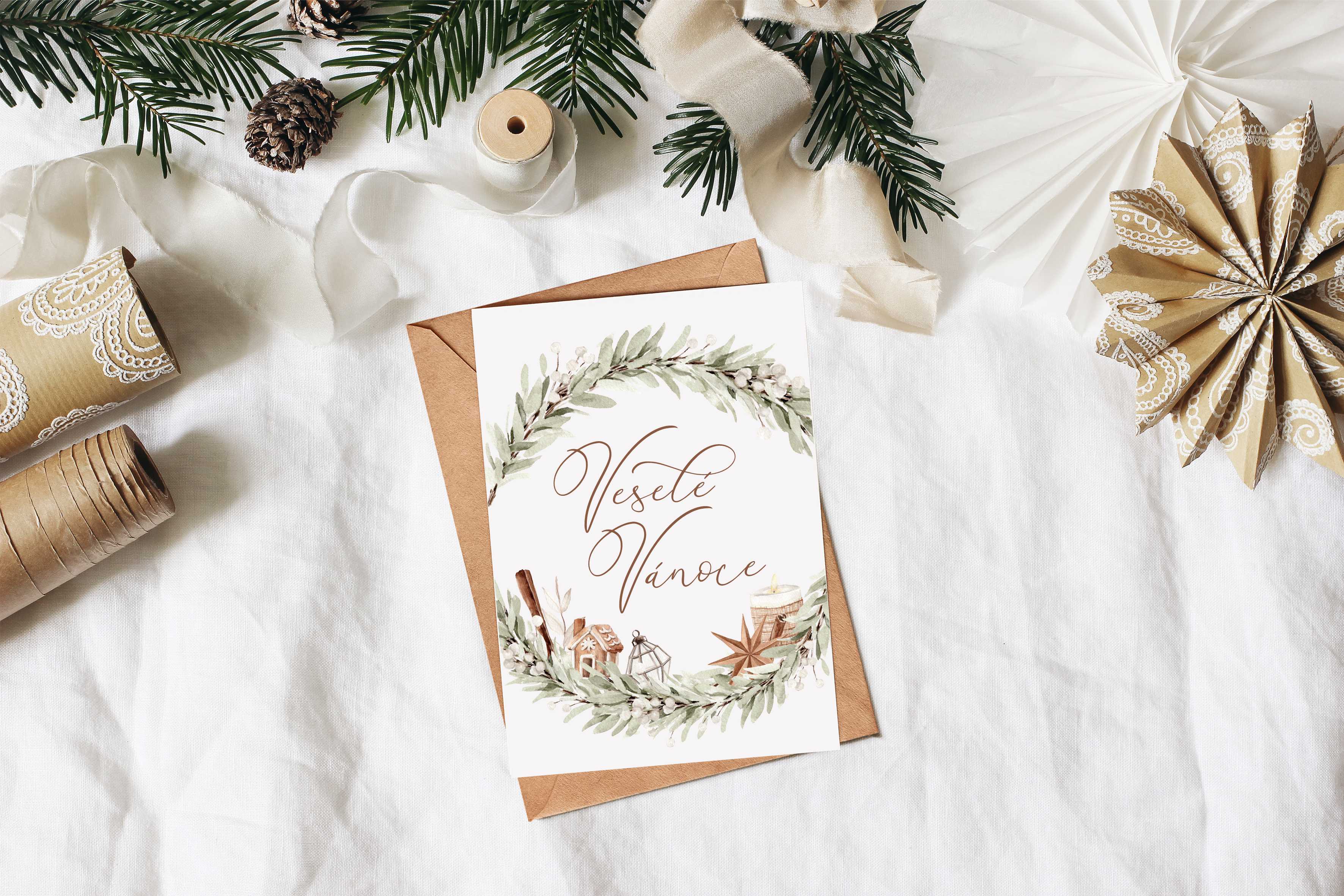 Zuzadesign Hygge věnec Otevírací vánoční přání s obálkou