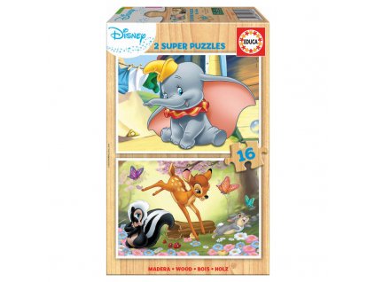 Educa drevené puzzle Dumbo + Bambi 2x16 dielikov