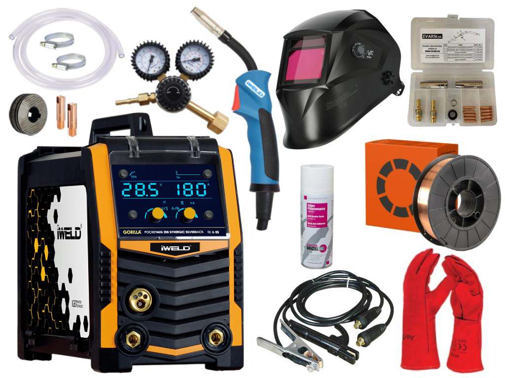 Mega set zváračka iWELD GORILLA POCKETMIG 205 SYNERGIC SILVERBACK