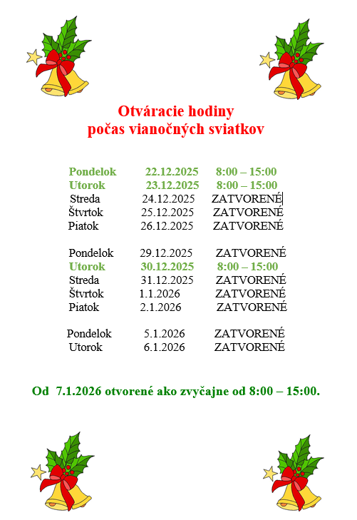 Otváracie hodiny počas vianočných sviatkov