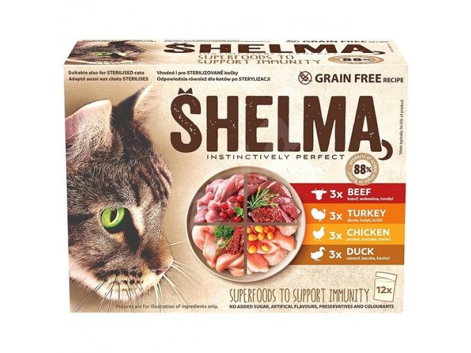 SHELMA Cat kuřecí, hovězí, krůta, kachna, kapsa 85 g (12 ks)