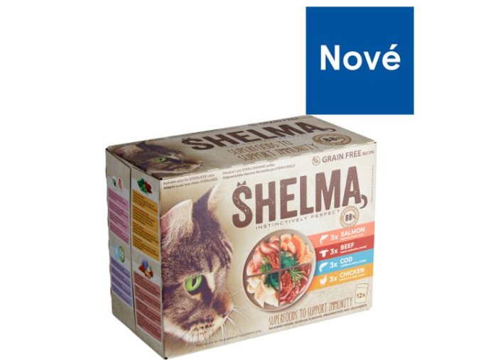 SHELMA Cat kuřecí, hovězí, losos a treska, kapsa 85 g (12 ks)