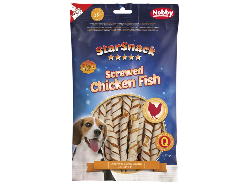 Nobby StarSnack Screwed Chicken Fish pamlsky 113g z kategorie Chovatelské potřeby a krmiva pro psy > Pamlsky pro psy > Tyčinky, salámky pro psy