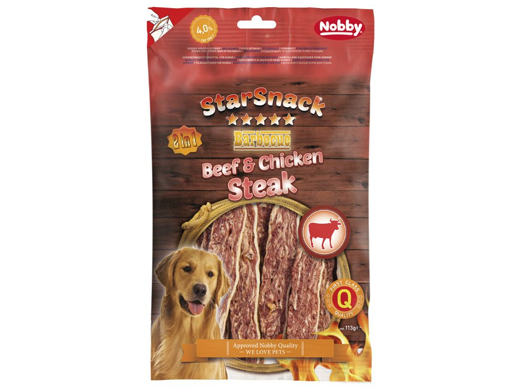 Nobby StarSnack Beef & Chicken Steak pamlsky 113g z kategorie Chovatelské potřeby a krmiva pro psy > Pamlsky pro psy > Sušená masíčka pro psy