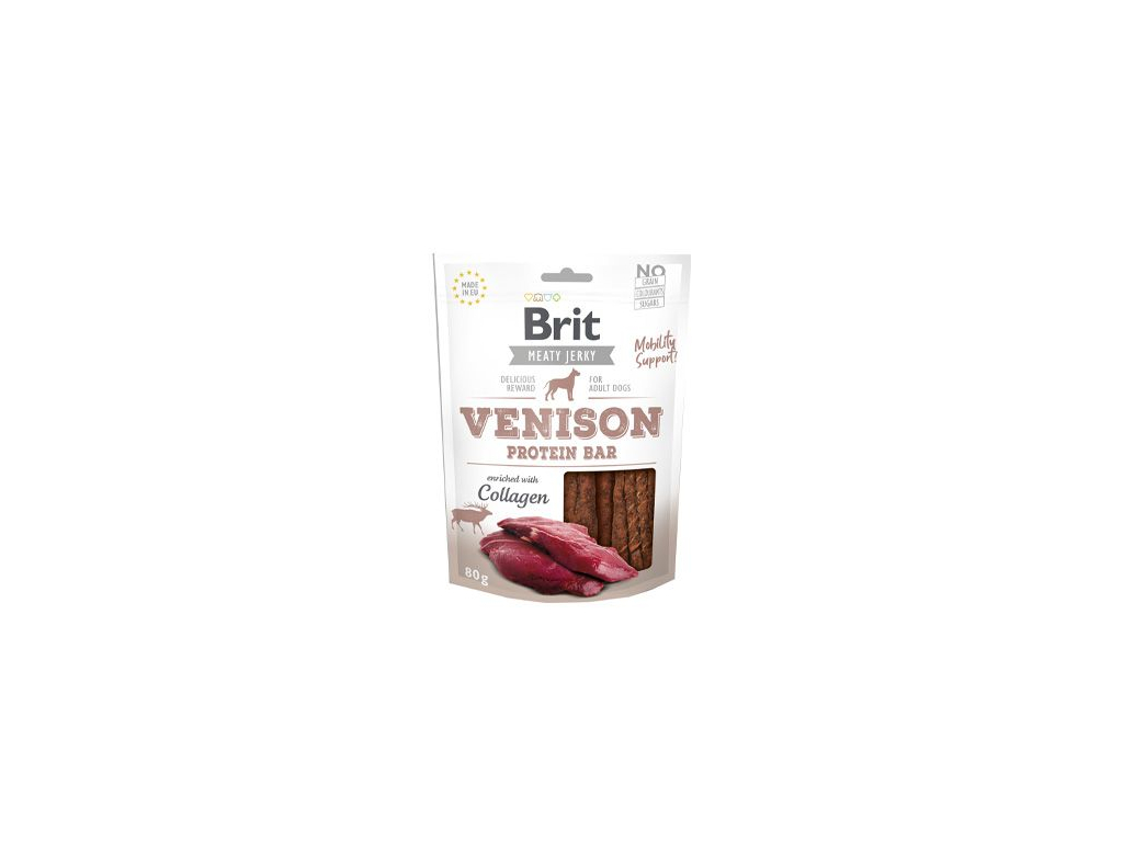 Brit pamlsky Jerky Venison Protein Bar 80 g z kategorie Chovatelské potřeby a krmiva pro psy > Pamlsky pro psy > Sušená masíčka pro psy