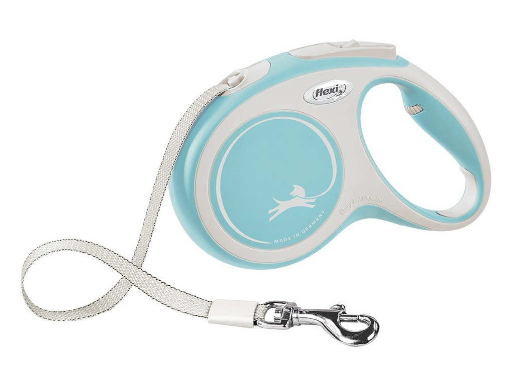 Flexi New Comfort M vodítko pásek 5m/25kg světle modrá z kategorie Chovatelské potřeby a krmiva pro psy > Obojky, vodítka a postroje pro psy > Vodítka pro psy > Samonavíjecí vodítka pro psy