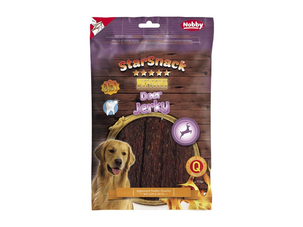 Nobby StarSnack BBQ Jerky Jelení plátky 113 g z kategorie Chovatelské potřeby a krmiva pro psy > Pamlsky pro psy > Sušená masíčka pro psy