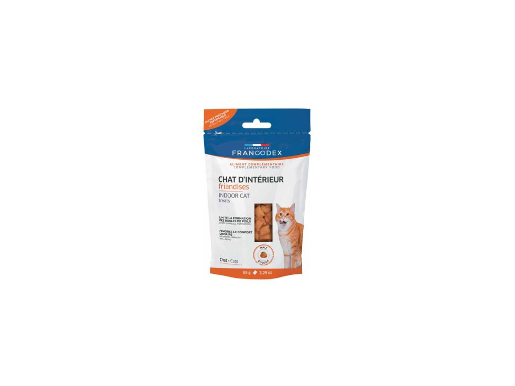Francodex Indoor pochoutka pro kočky 65g z kategorie Chovatelské potřeby a krmiva pro kočky > Vitamíny a léčiva pro kočky > Trichobezoáry u koček