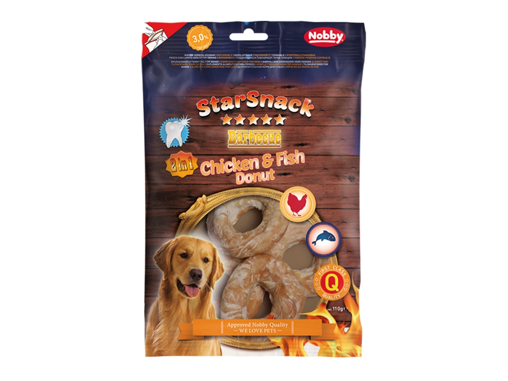 Nobby StarSnack BBQ Chicken, Fish Donut pamlsky 110g z kategorie Chovatelské potřeby a krmiva pro psy > Pamlsky pro psy > Žvýkací pamlsky pro psy