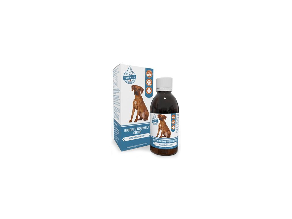 Biotin s boswelií sirup pro psy TOPVET 200ml z kategorie Chovatelské potřeby a krmiva pro psy > Vitamíny a léčiva pro psy > Kůže a srst psů