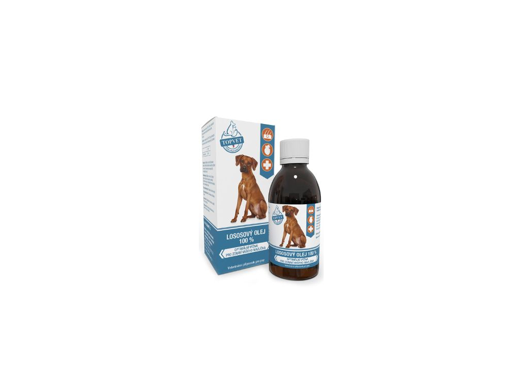 Lososový olej pro psy TOPVET 200ml z kategorie Chovatelské potřeby a krmiva pro psy > Vitamíny a léčiva pro psy > Doplňkové oleje pro psy
