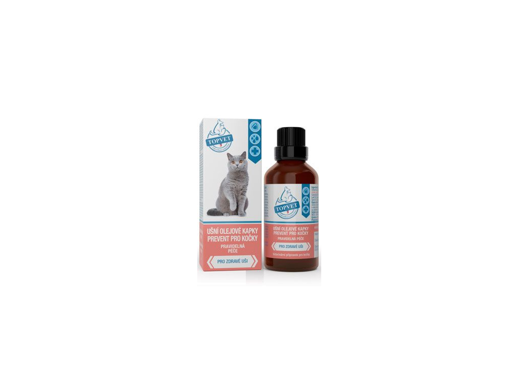 Ušní kapky Prevent pro kočky TOPVET 50ml z kategorie Chovatelské potřeby a krmiva pro kočky > Hygiena a kosmetika koček > Ušní a oční péče koček