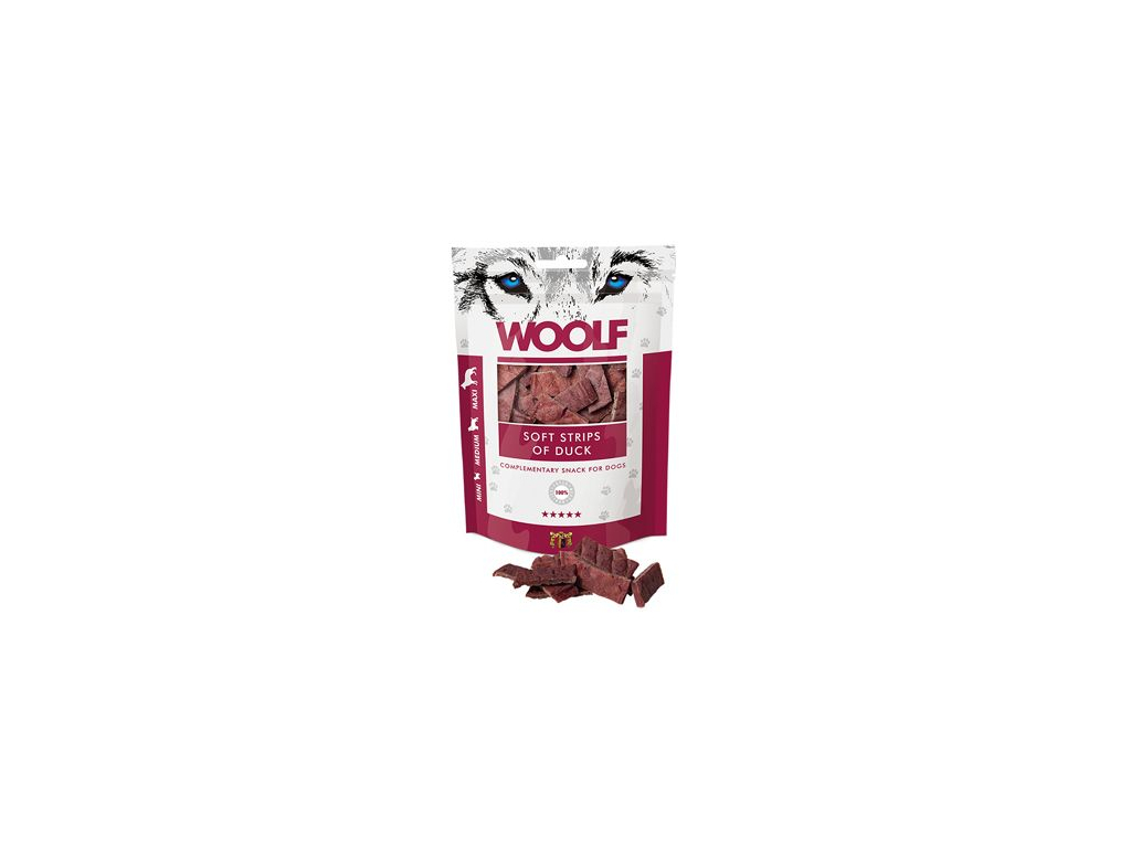 WOOLF pochoutka soft strips of duck 100g z kategorie Chovatelské potřeby a krmiva pro psy > Pamlsky pro psy > Sušená masíčka pro psy