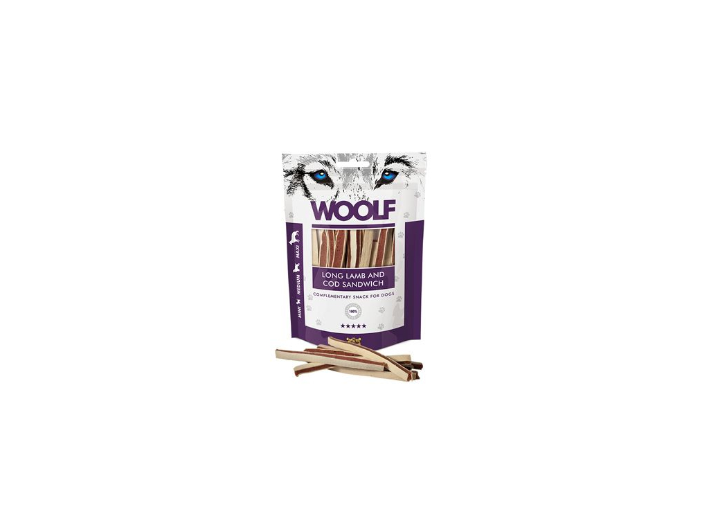 WOOLF pochoutka soft lamb and cod sandwich long 100g z kategorie Chovatelské potřeby a krmiva pro psy > Pamlsky pro psy > Tyčinky, salámky pro psy