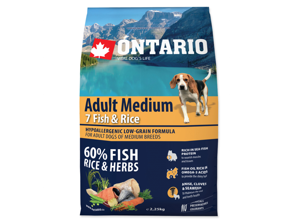 ONTARIO Dog Adult Medium Fish & Rice 2,25 kg z kategorie Chovatelské potřeby a krmiva pro psy > Krmiva pro psy > Granule pro psy