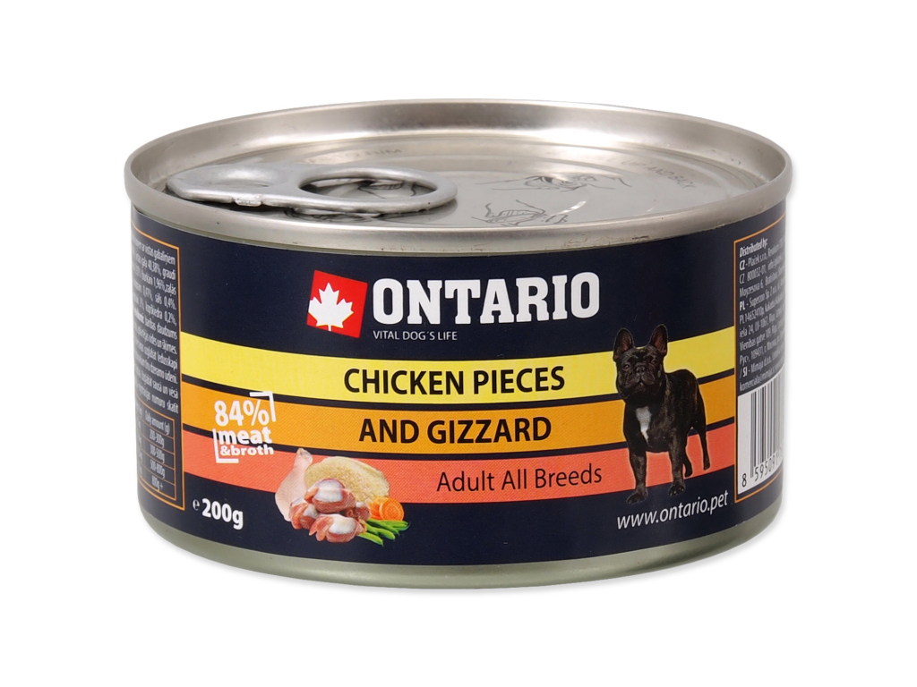 Konzerva ONTARIO Dog Chicken Pieces + Gizzard 200 g z kategorie Chovatelské potřeby a krmiva pro psy > Krmiva pro psy > Konzervy pro psy