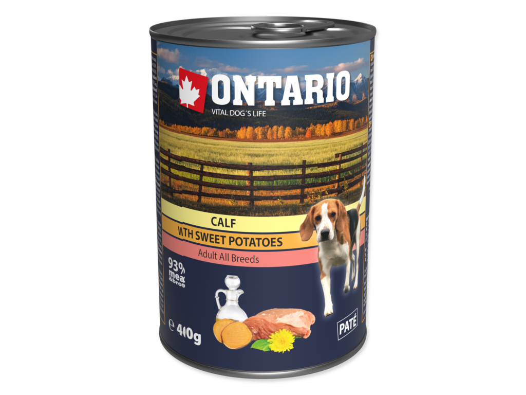 Konzerva ONTARIO Dog Mini Calf, Sweetpotato, Dandelion and Linseed Oil 400 g z kategorie Chovatelské potřeby a krmiva pro psy > Krmiva pro psy > Konzervy pro psy
