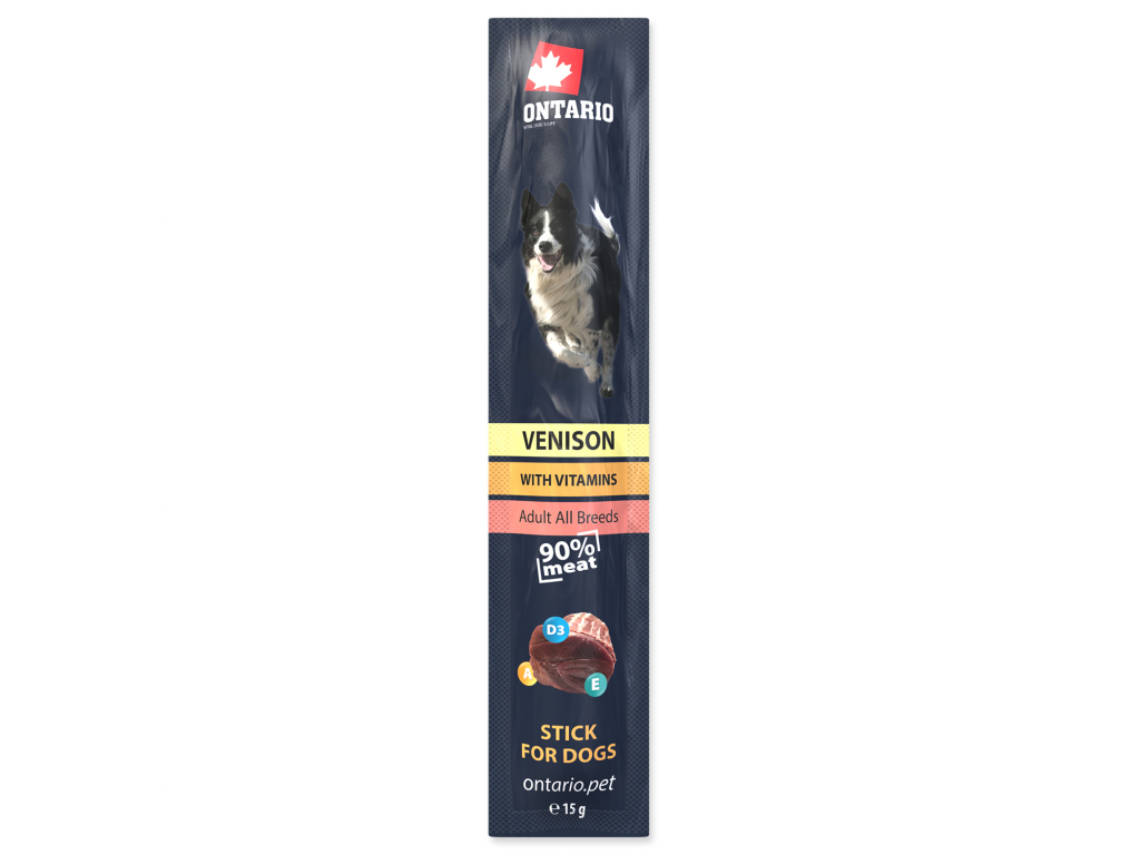 Stick ONTARIO for dogs Venison 15g z kategorie Chovatelské potřeby a krmiva pro psy > Pamlsky pro psy > Tyčinky, salámky pro psy