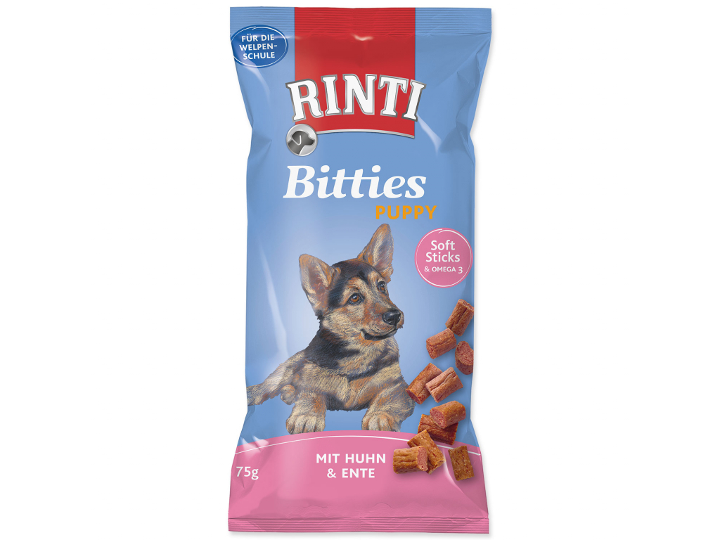 Pochoutka RINTI Extra Bitties Puppy kuře + kachna 75 g z kategorie Chovatelské potřeby a krmiva pro psy > Pamlsky pro psy > Poloměkké pamlsky pro psy