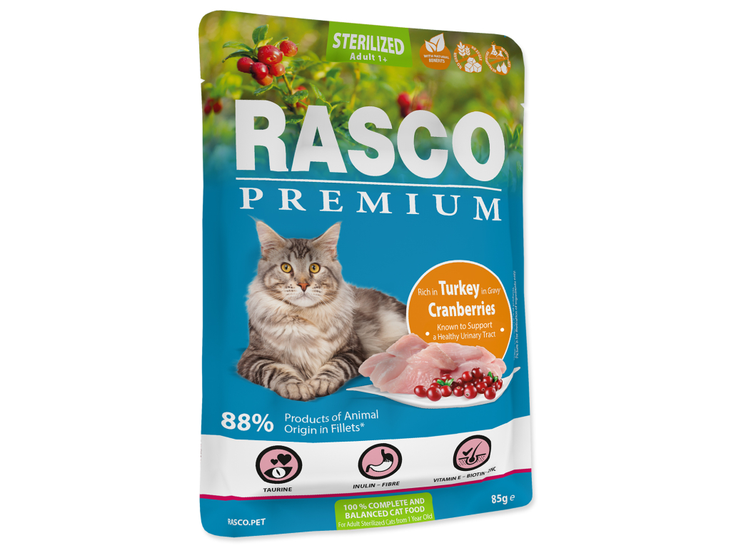 Kapsička RASCO Premium Cat Pouch Sterilized, Turkey, Cranberries 85 g z kategorie Chovatelské potřeby a krmiva pro kočky > Krmivo a pamlsky pro kočky > Kapsičky pro kočky