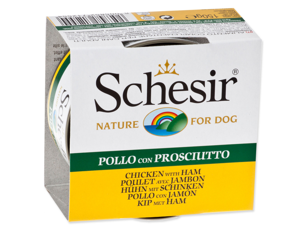 Konzerva SCHESIR Dog kuřecí + šunka v želé 150 g z kategorie Chovatelské potřeby a krmiva pro psy > Krmiva pro psy > Konzervy pro psy