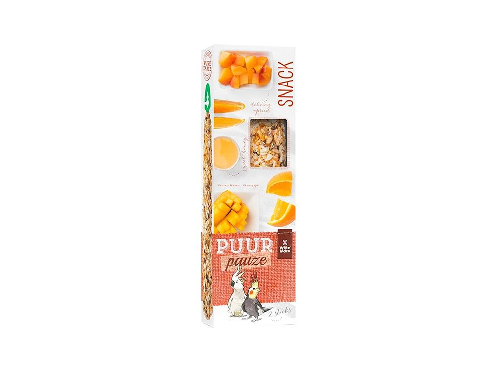 PUUR pauze pták - tyč. papoušek, mango+meruňka 140 g z kategorie Chovatelské potřeby pro ptáky a papoušky > Pamlsky pro papoušky