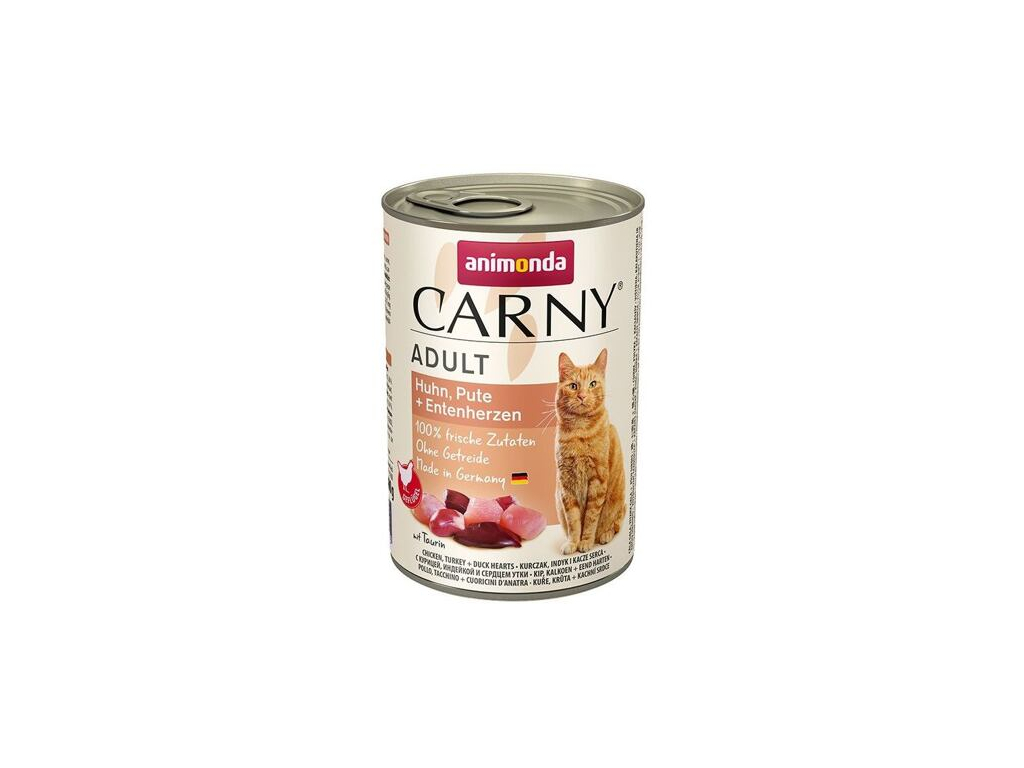 ANIMONDA konzerva CARNY Adult kuře, krůta, kachní srdce 400g z kategorie Chovatelské potřeby a krmiva pro kočky > Krmivo a pamlsky pro kočky > Konzervy pro kočky