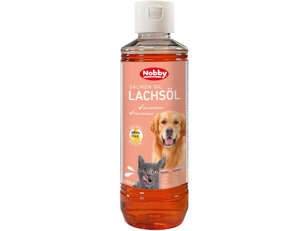 Nobby 100% lososový olej 250ml z kategorie Chovatelské potřeby a krmiva pro psy > Vitamíny a léčiva pro psy > Doplňkové oleje pro psy