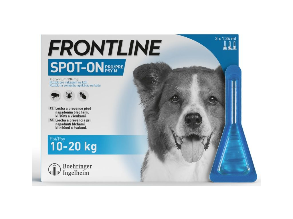 FRONTLINE SPOT ON pro psy M (10-20kg) - 3x1,34ml z kategorie Chovatelské potřeby a krmiva pro psy > Antiparazitika pro psy > Pipety (Spot On) pro psy