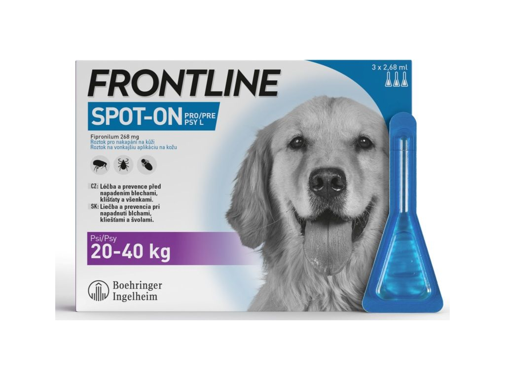 FRONTLINE SPOT ON pro psy L (20-40kg) - 3x2,68ml z kategorie Chovatelské potřeby a krmiva pro psy > Antiparazitika pro psy > Pipety (Spot On) pro psy