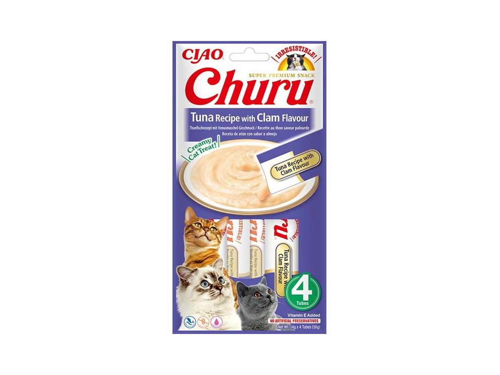 Inaba Churu cat snack tuňák s příchutí škeble 4x14g z kategorie Chovatelské potřeby a krmiva pro kočky > Krmivo a pamlsky pro kočky > Pamlsky pro kočky