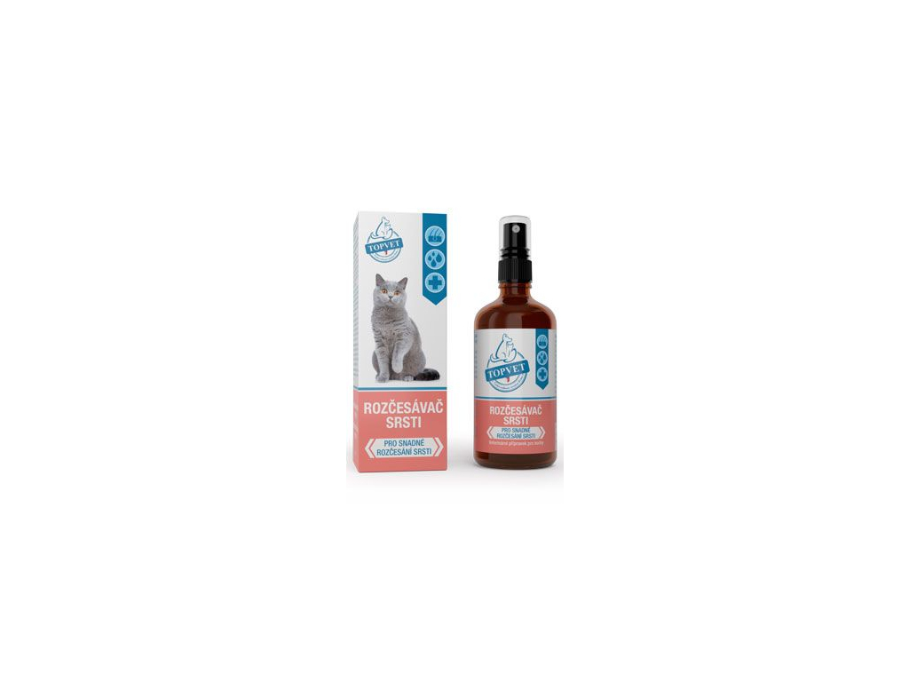 Rozčesávač srsti pro kočky TOPVET 100ml z kategorie Chovatelské potřeby a krmiva pro kočky > Hygiena a kosmetika koček > Šampóny pro kočky