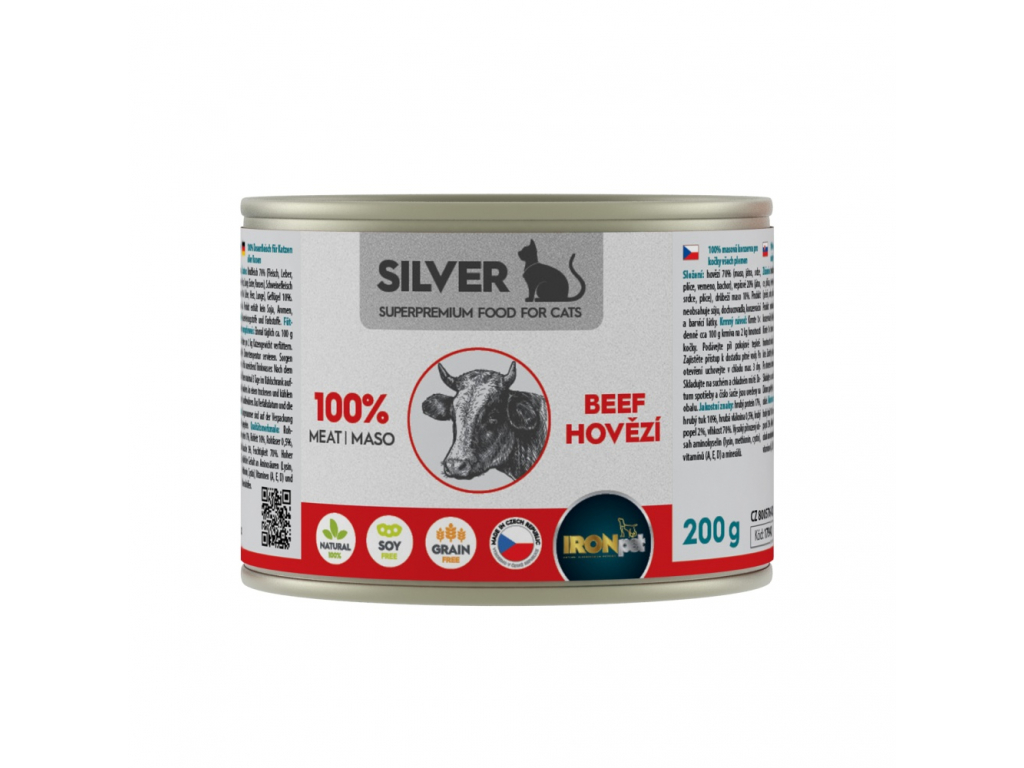 IRONpet Silver Cat Hovězí 100% masa 200 g z kategorie Chovatelské potřeby a krmiva pro kočky > Krmivo a pamlsky pro kočky > Konzervy pro kočky