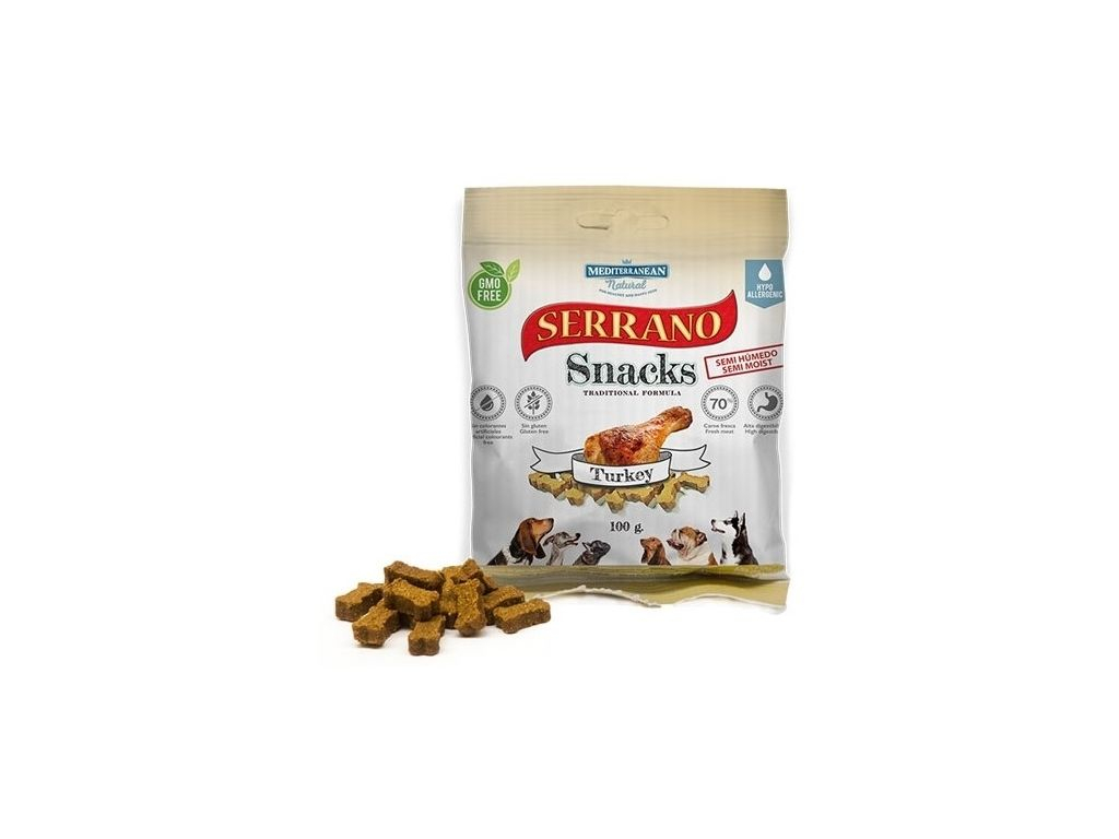 Serrano Snack Dog Turkey 100 g z kategorie Chovatelské potřeby a krmiva pro psy > Pamlsky pro psy > Poloměkké pamlsky pro psy