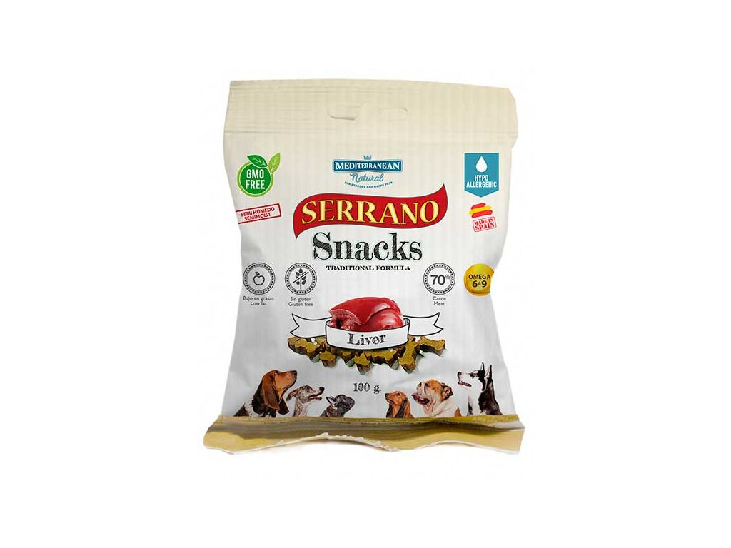 Serrano Snack Dog Liver 100 g z kategorie Chovatelské potřeby a krmiva pro psy > Pamlsky pro psy > Poloměkké pamlsky pro psy