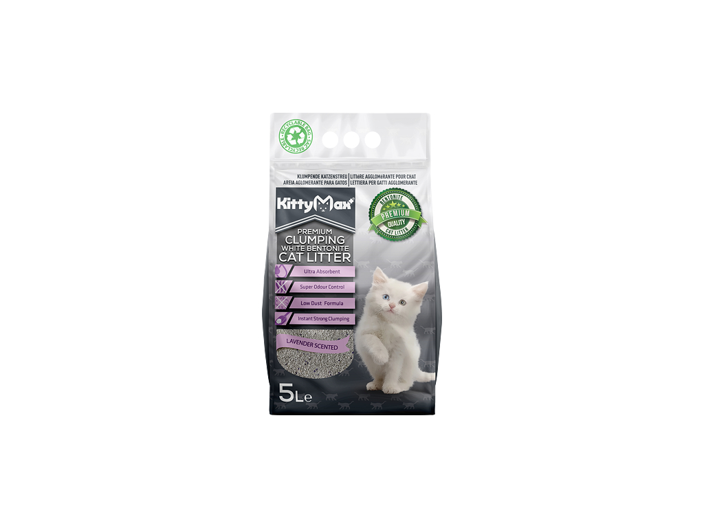 KITTYMAX kočkolit bezprašný bílý bentonit LAVENDER 5 l z kategorie Chovatelské potřeby a krmiva pro kočky > Toalety, steliva pro kočky > Steliva kočkolity pro kočky